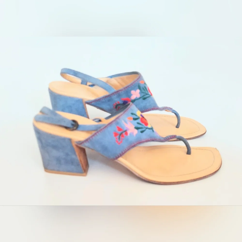 Miu Miu Embroidered Blue Suede Block Heel Sandals Size US 5.5 EU 35.5